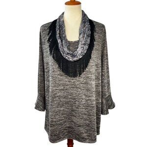 Notations Woman Plus 3X Gray Knit Top With Scarf & Fringe Polyester Rayon Blend
